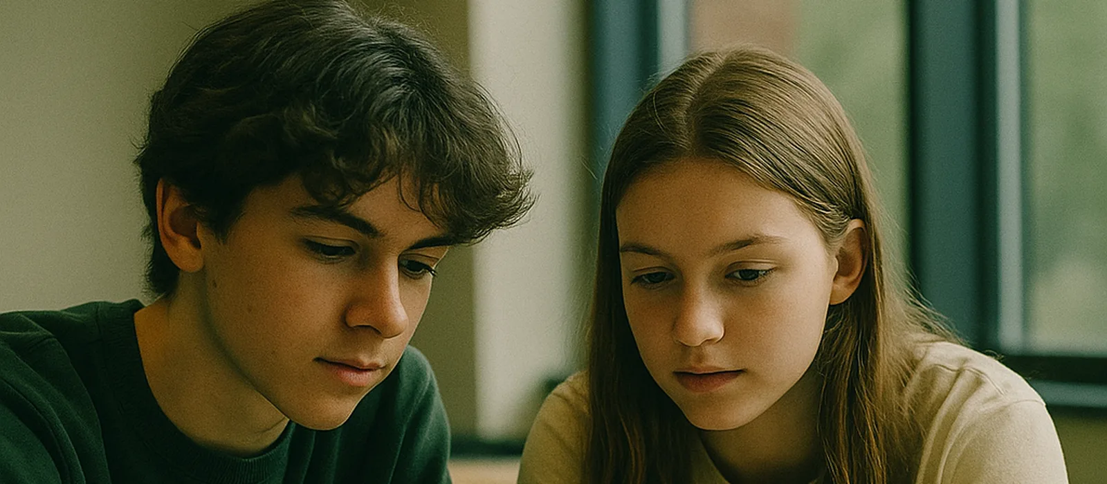 Two teenagers working together at a laptop in a classroom